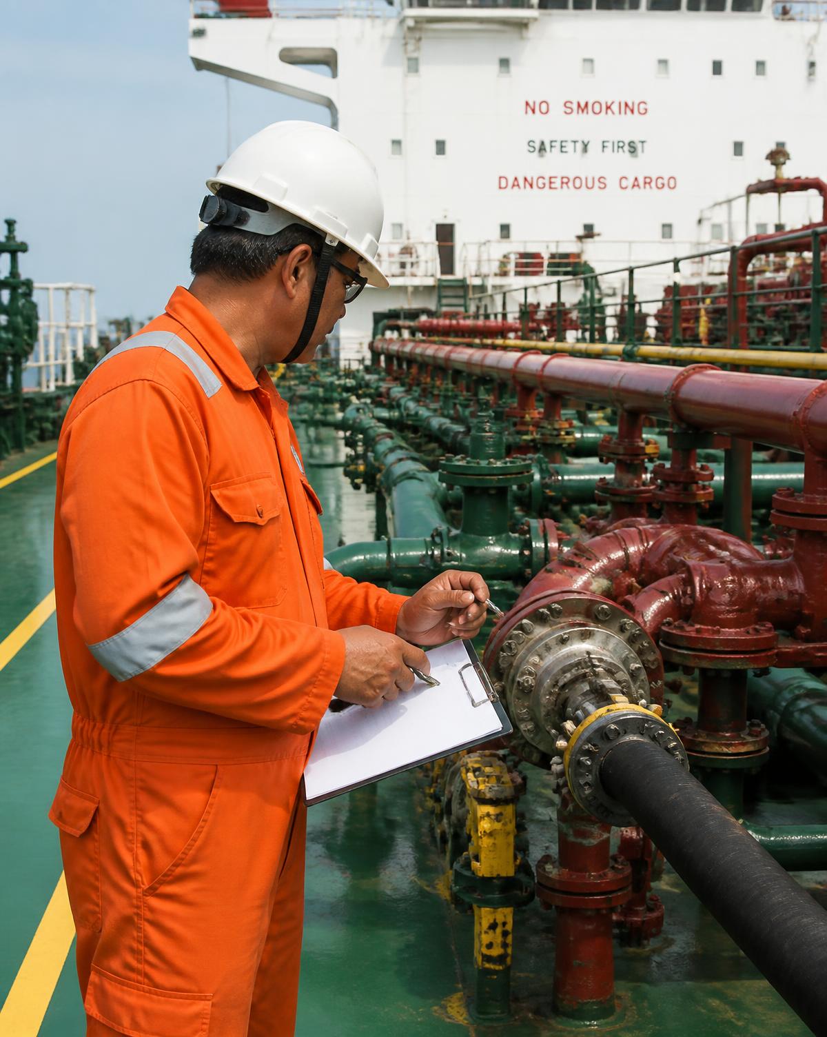 Expert maritime en tenue de sécurité inspectant une installation de cargaison